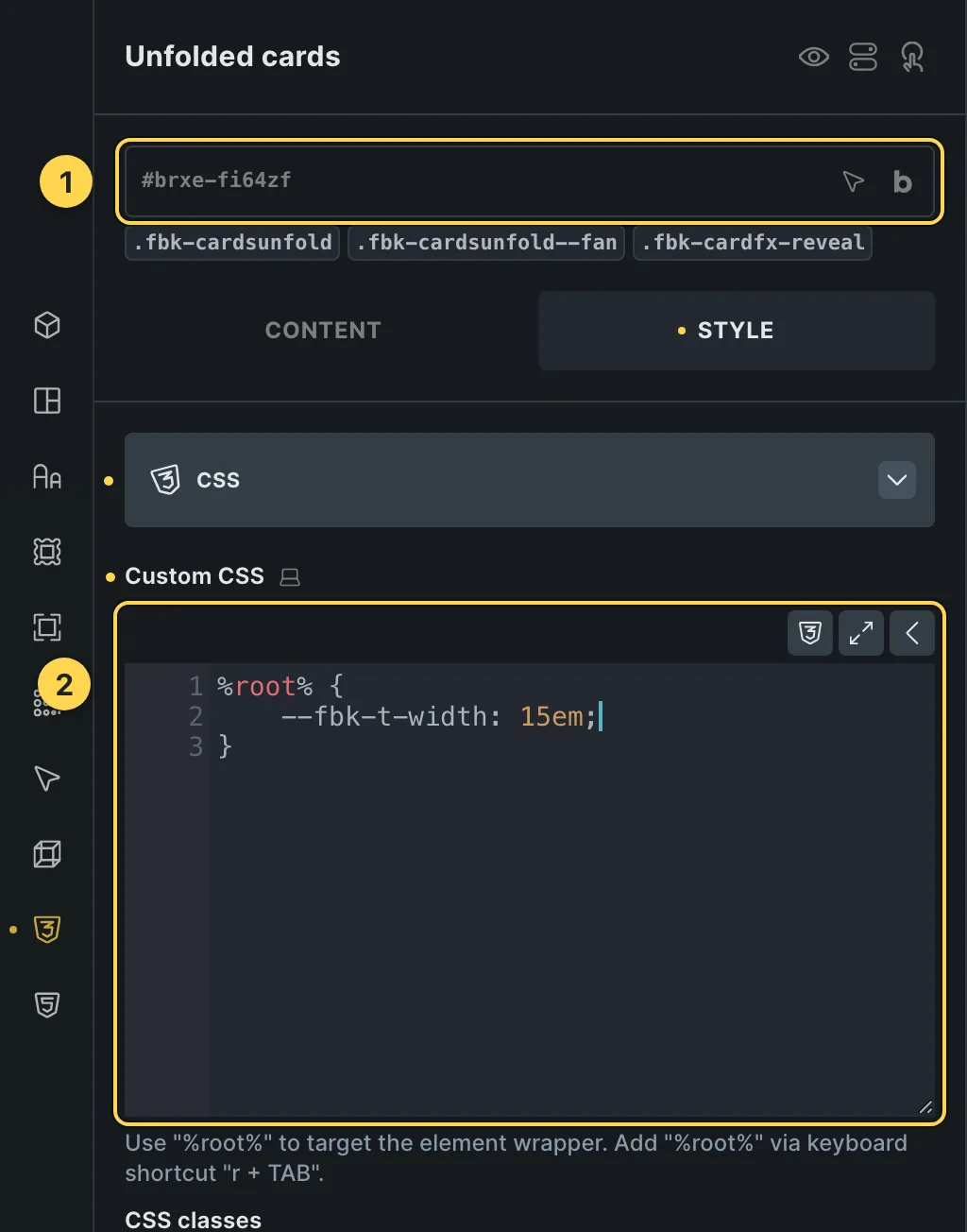 The Custom CSS field of this template's own element, with one of its variables as a real example.
