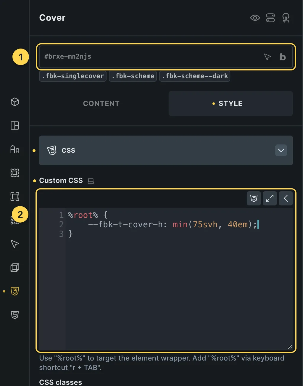 The Custom CSS field of this template's own element, with one of its variables as a real example.