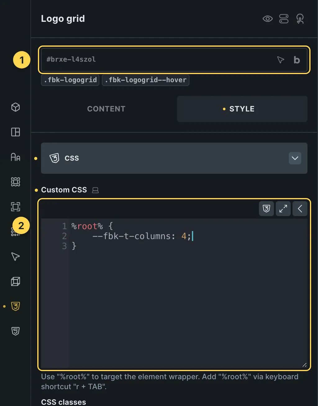 The Custom CSS field of this template's own element, with one of its variables as a real example.