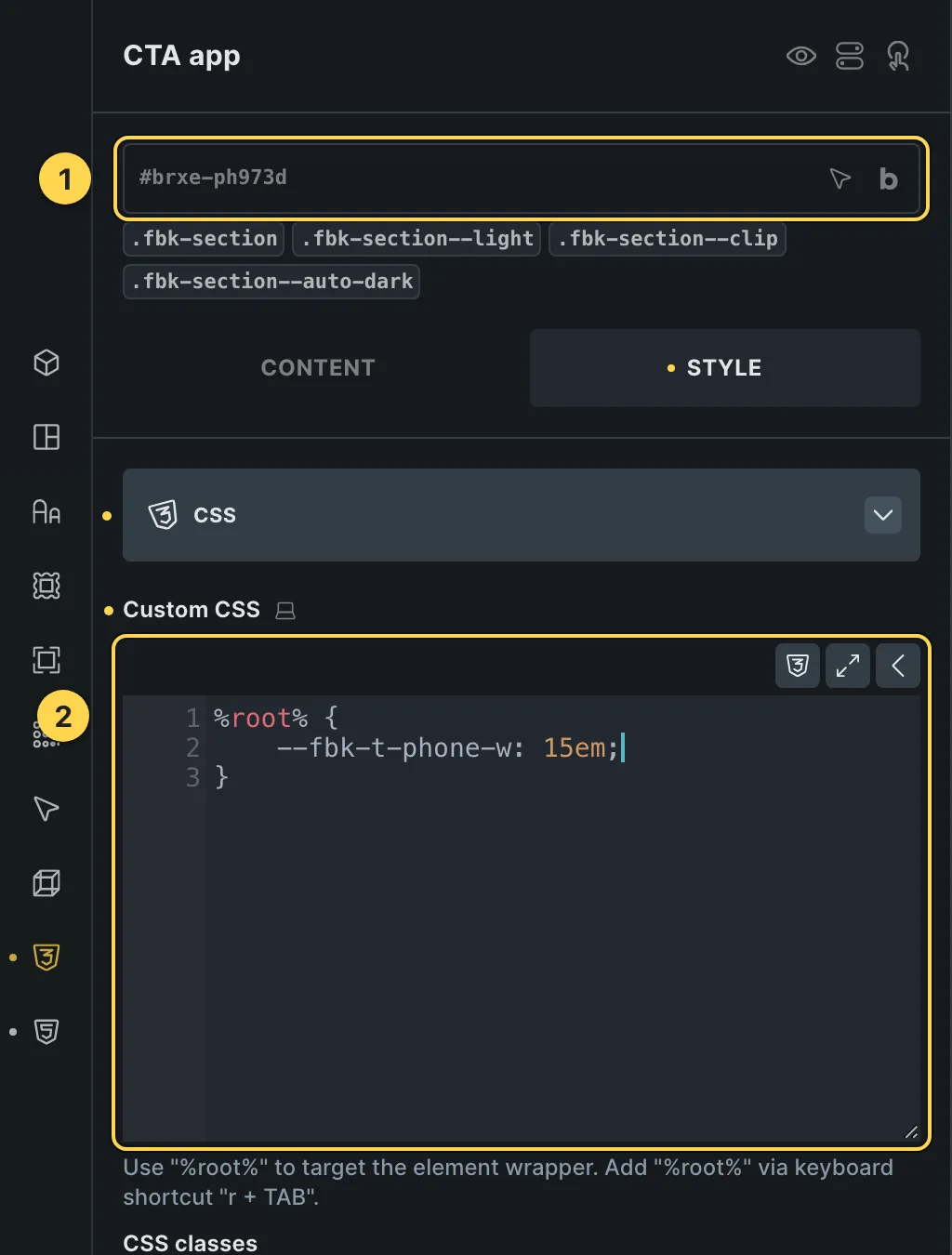 The Custom CSS field of this template's own element, with one of its variables as a real example.
