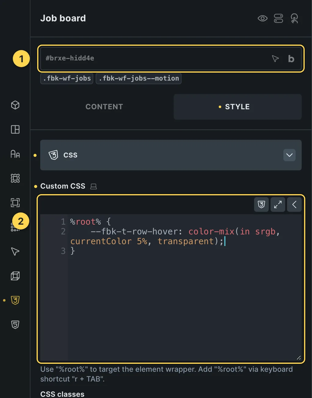 The Custom CSS field of this template's own element, with one of its variables as a real example.