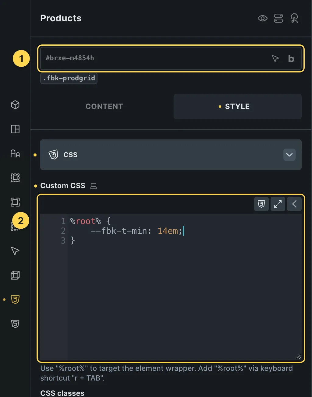 The Custom CSS field of this template's own element, with one of its variables as a real example.