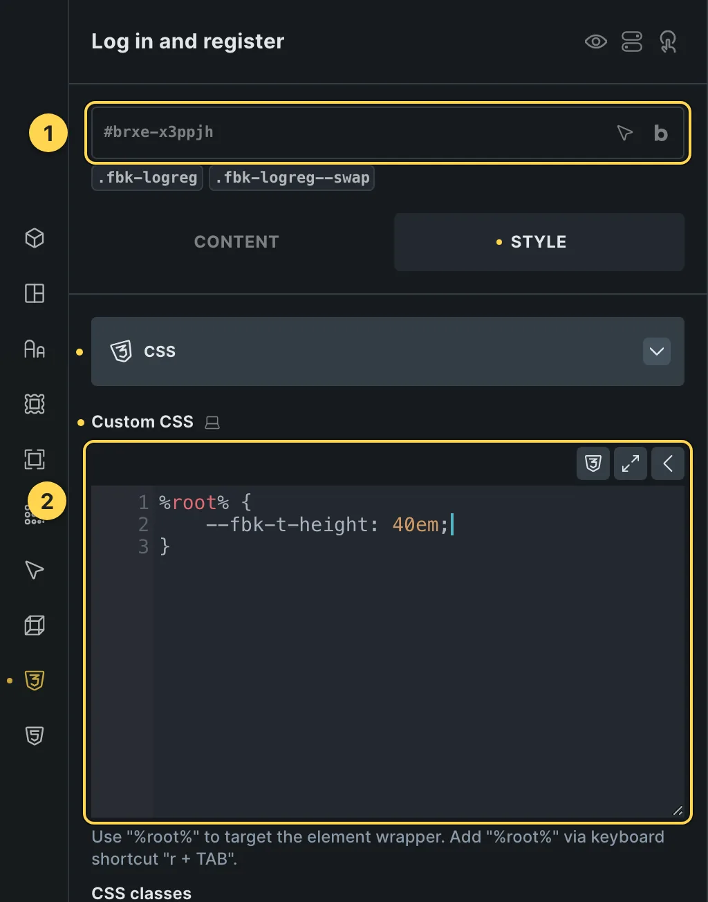 The Custom CSS field of this template's own element, with one of its variables as a real example.