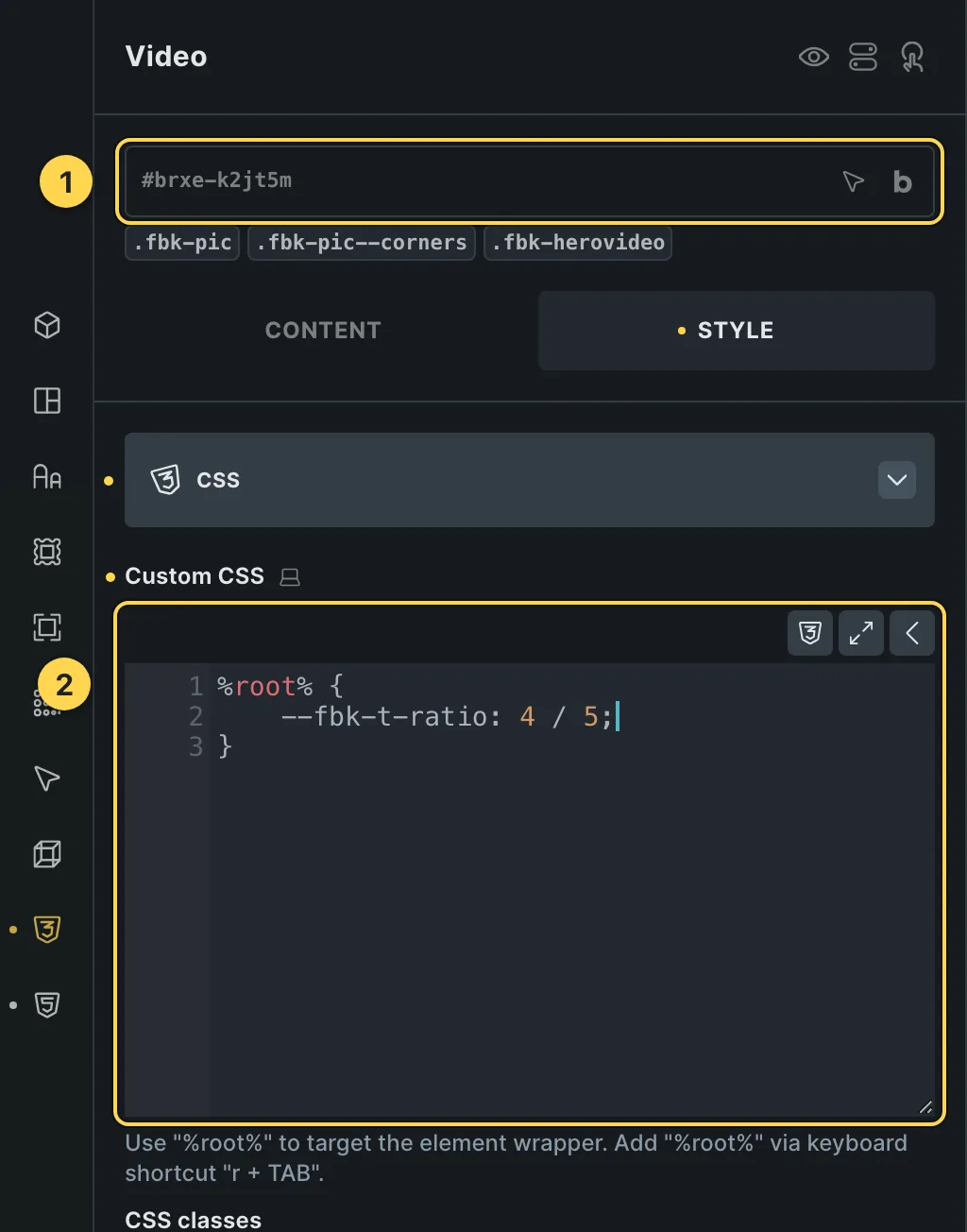 The Custom CSS field of this template's own element, with one of its variables as a real example.