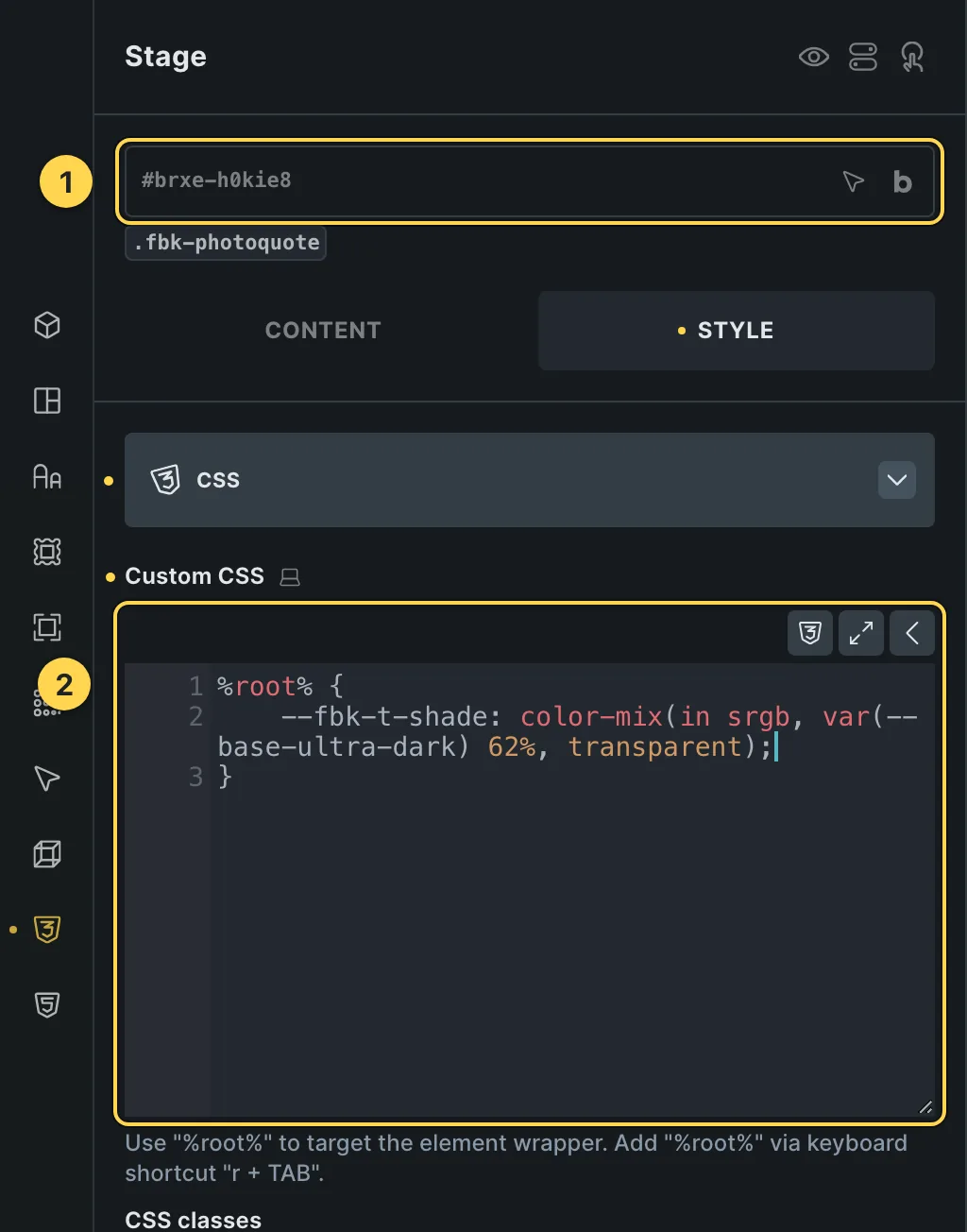 The Custom CSS field of this template's own element, with one of its variables as a real example.