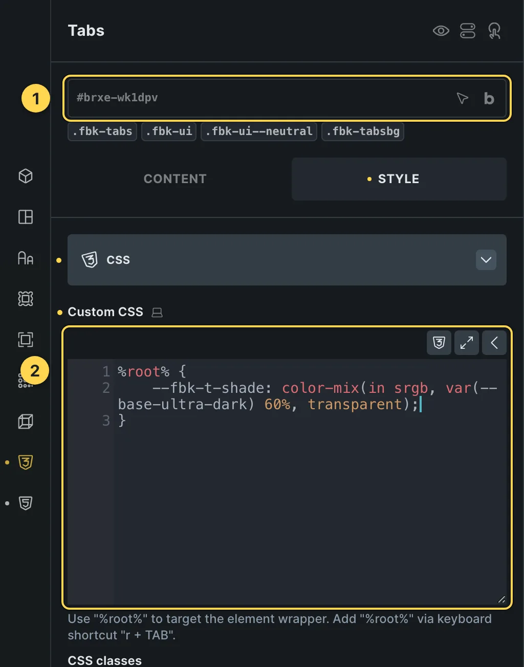 The Custom CSS field of this template's own element, with one of its variables as a real example.