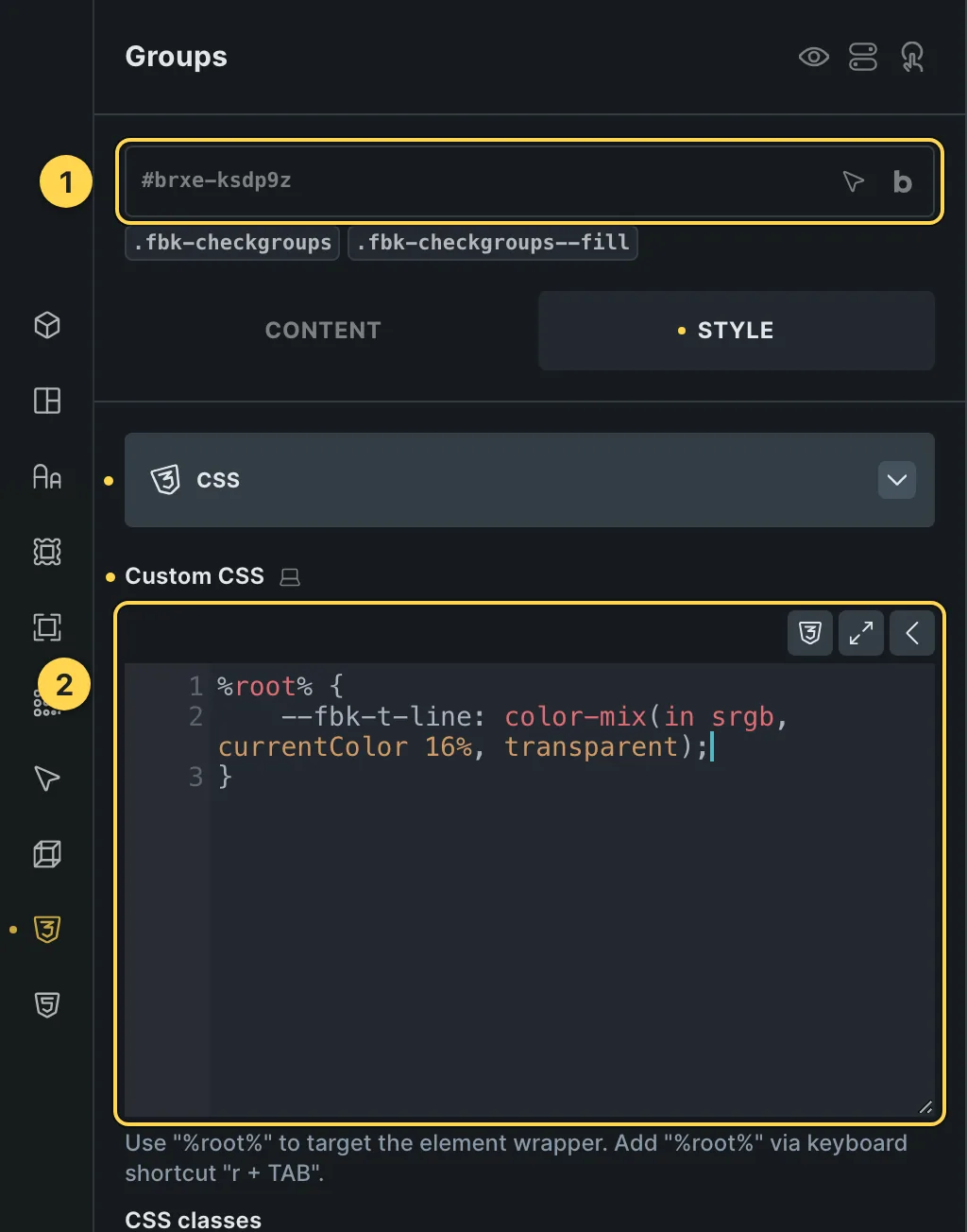 The Custom CSS field of this template's own element, with one of its variables as a real example.