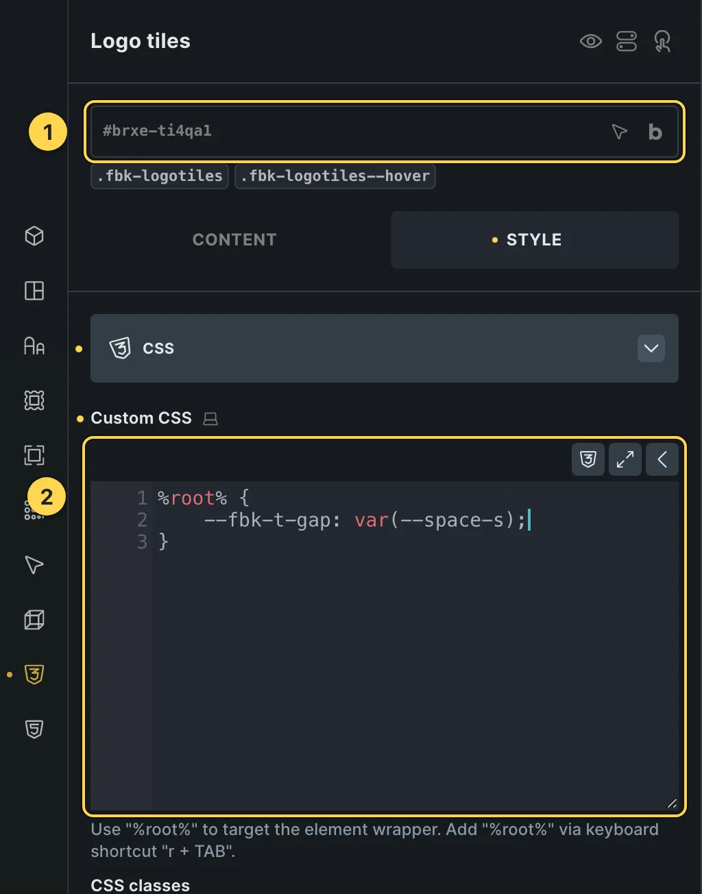 The Custom CSS field of this template's own element, with one of its variables as a real example.