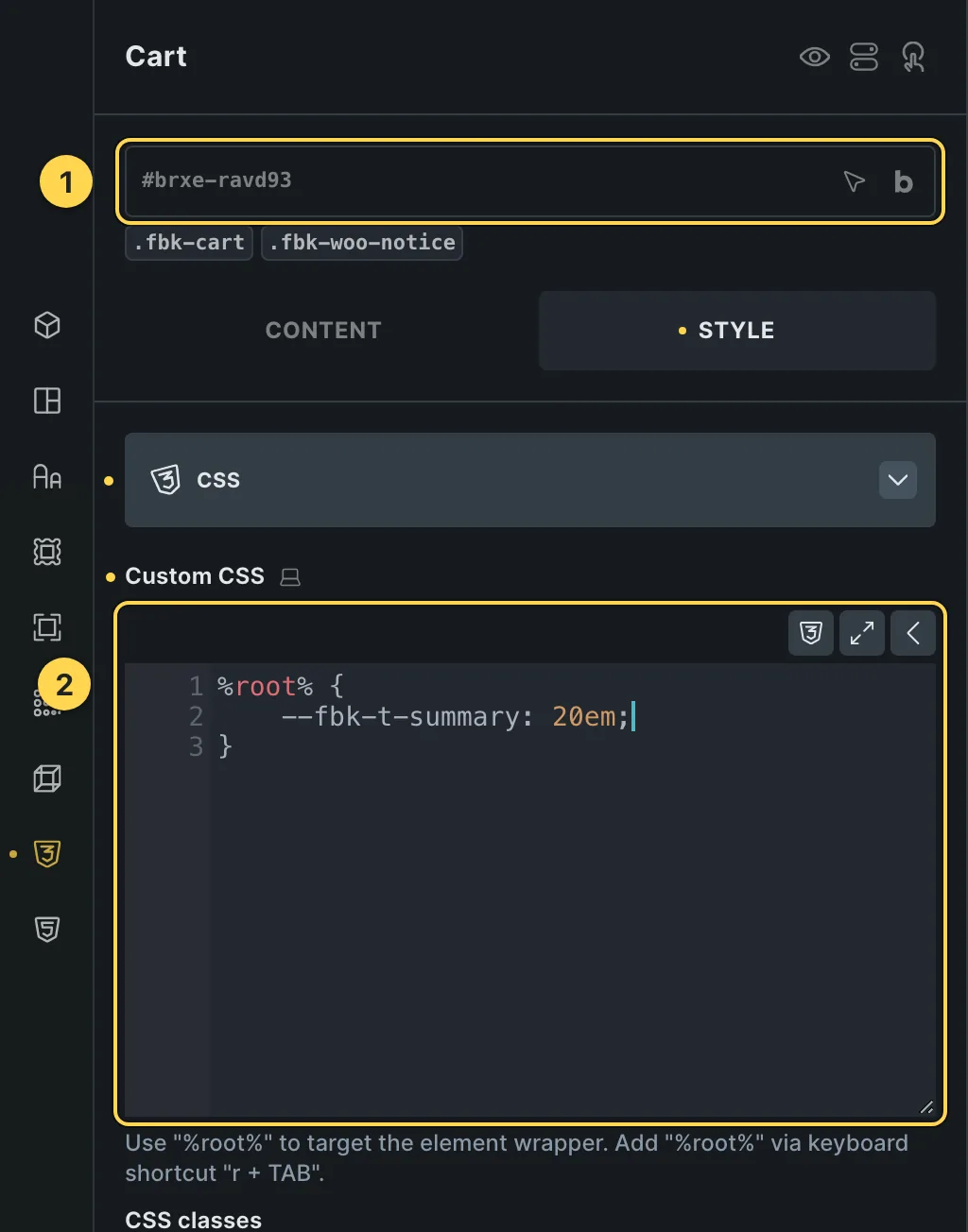 The Custom CSS field of this template's own element, with one of its variables as a real example.