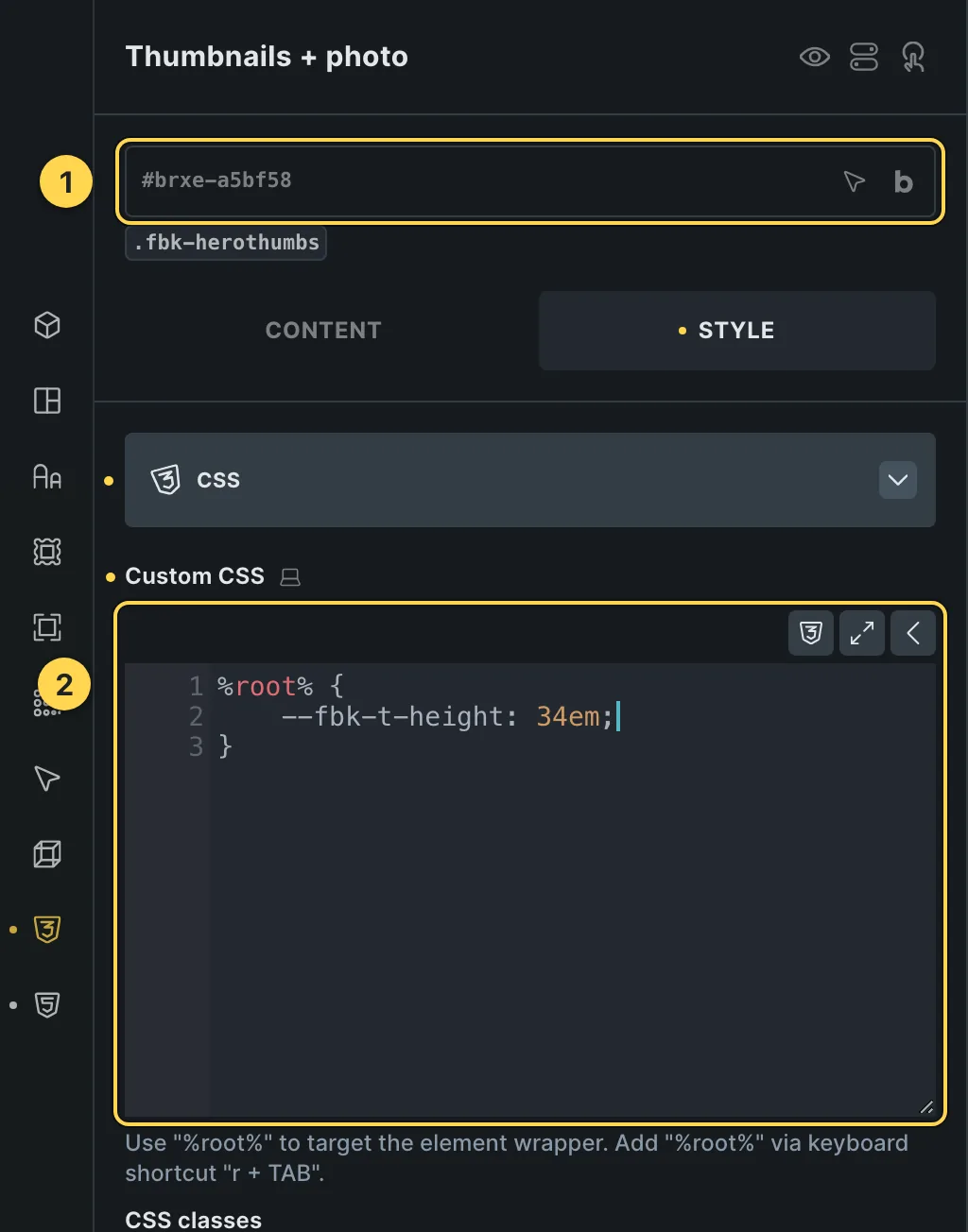 The Custom CSS field of this template's own element, with one of its variables as a real example.
