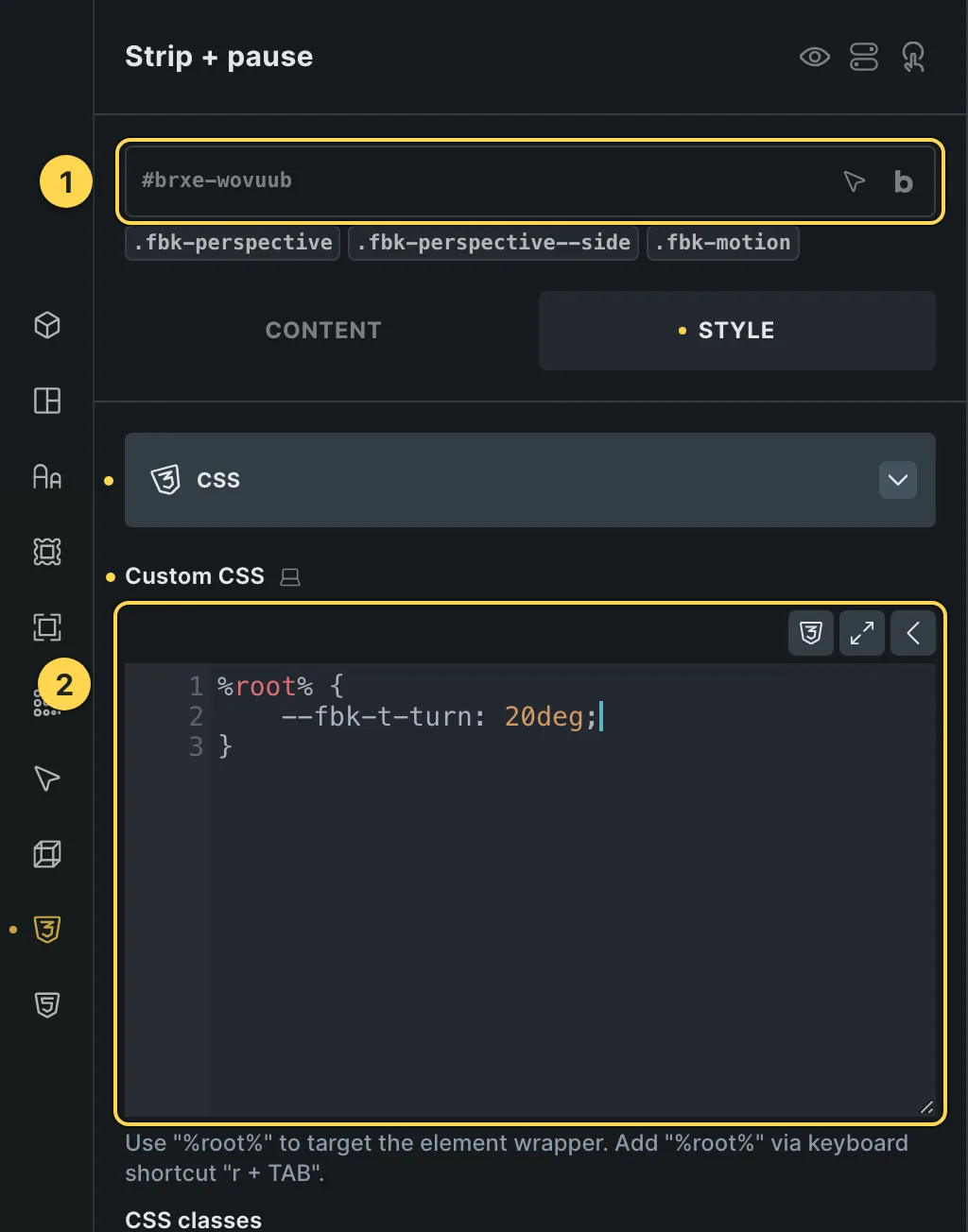 The Custom CSS field of this template's own element, with one of its variables as a real example.