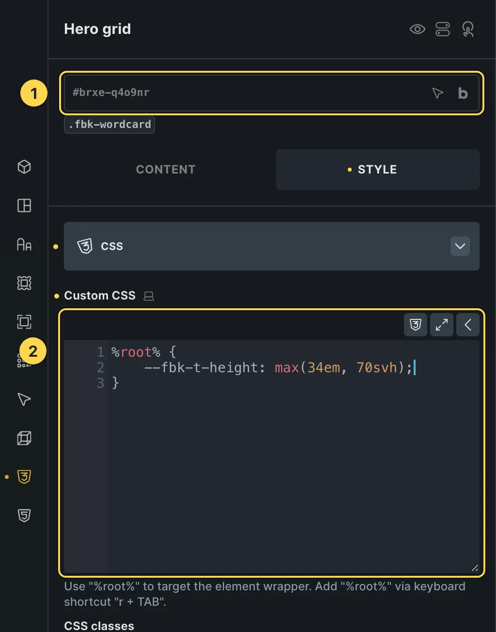 The Custom CSS field of this template's own element, with one of its variables as a real example.