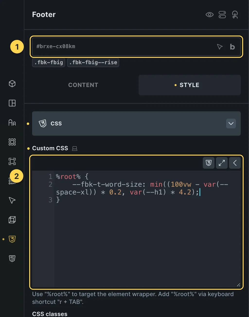 The Custom CSS field of this template's own element, with one of its variables as a real example.