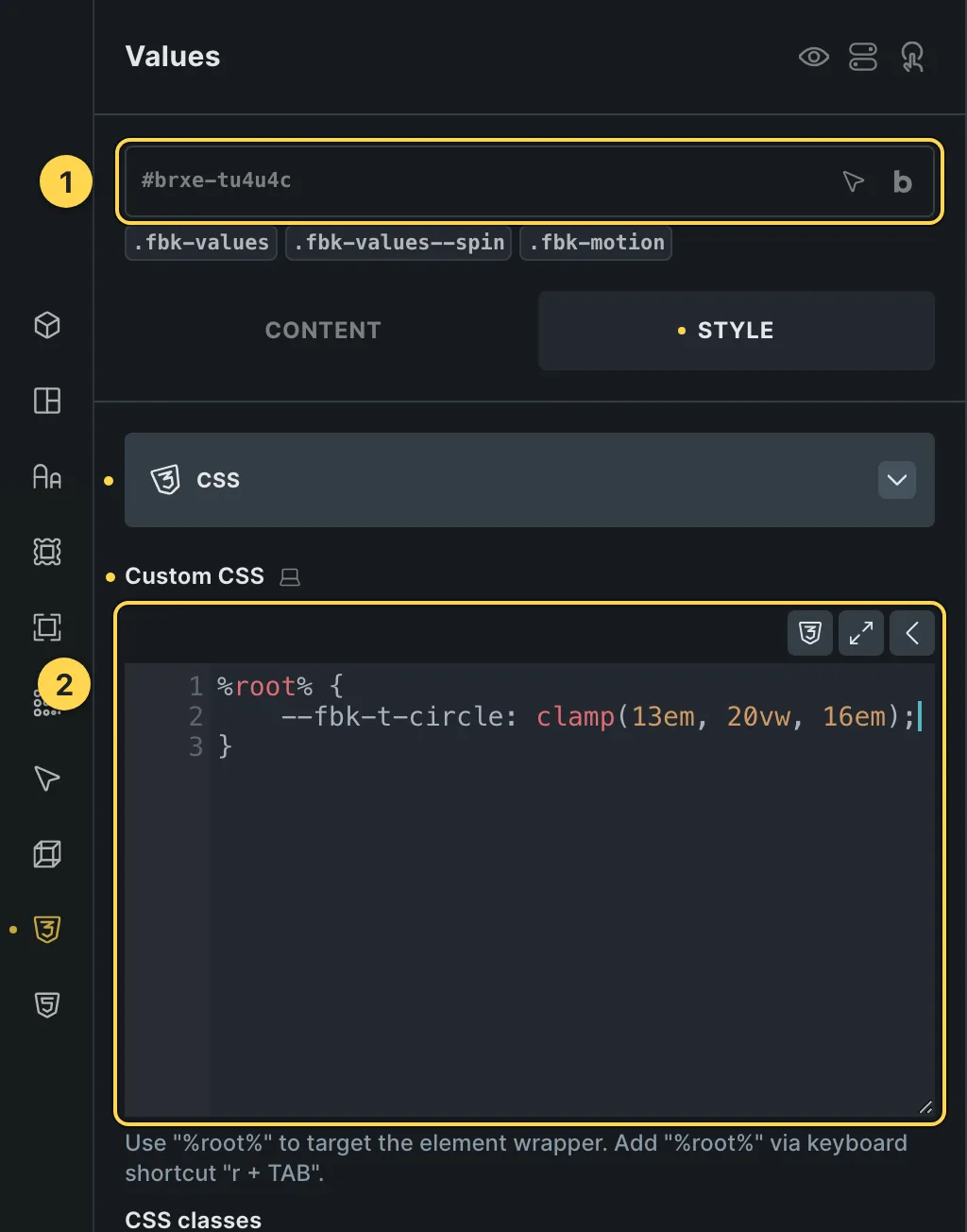 The Custom CSS field of this template's own element, with one of its variables as a real example.