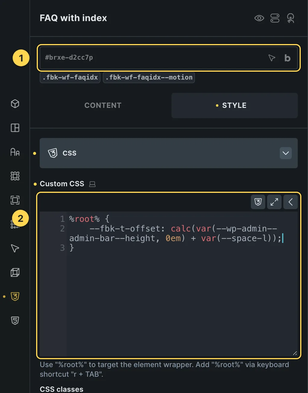 The Custom CSS field of this template's own element, with one of its variables as a real example.