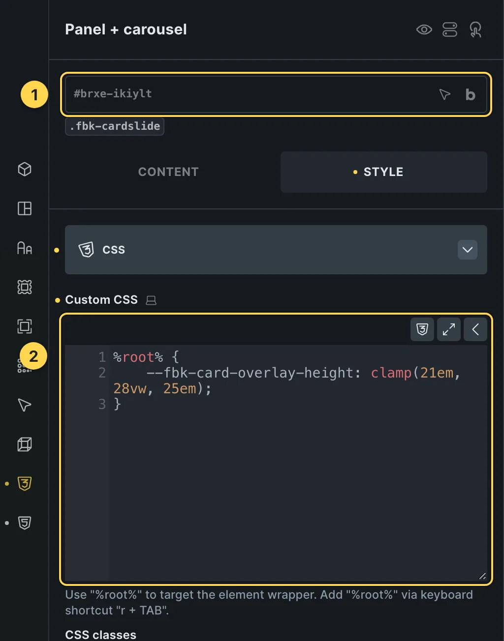 The Custom CSS field of this template's own element, with one of its variables as a real example.