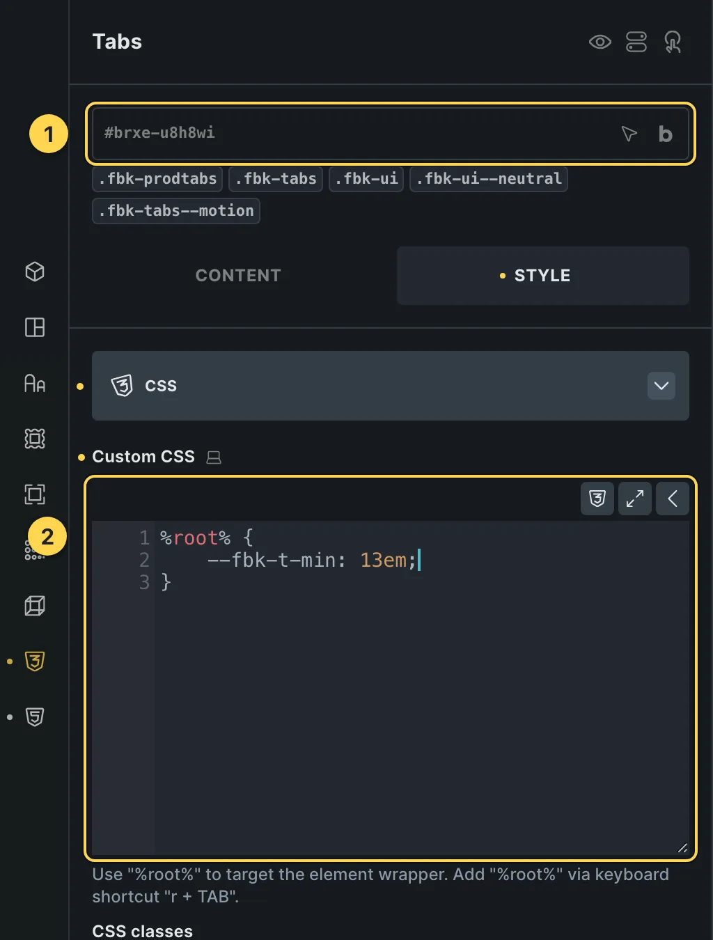 The Custom CSS field of this template's own element, with one of its variables as a real example.