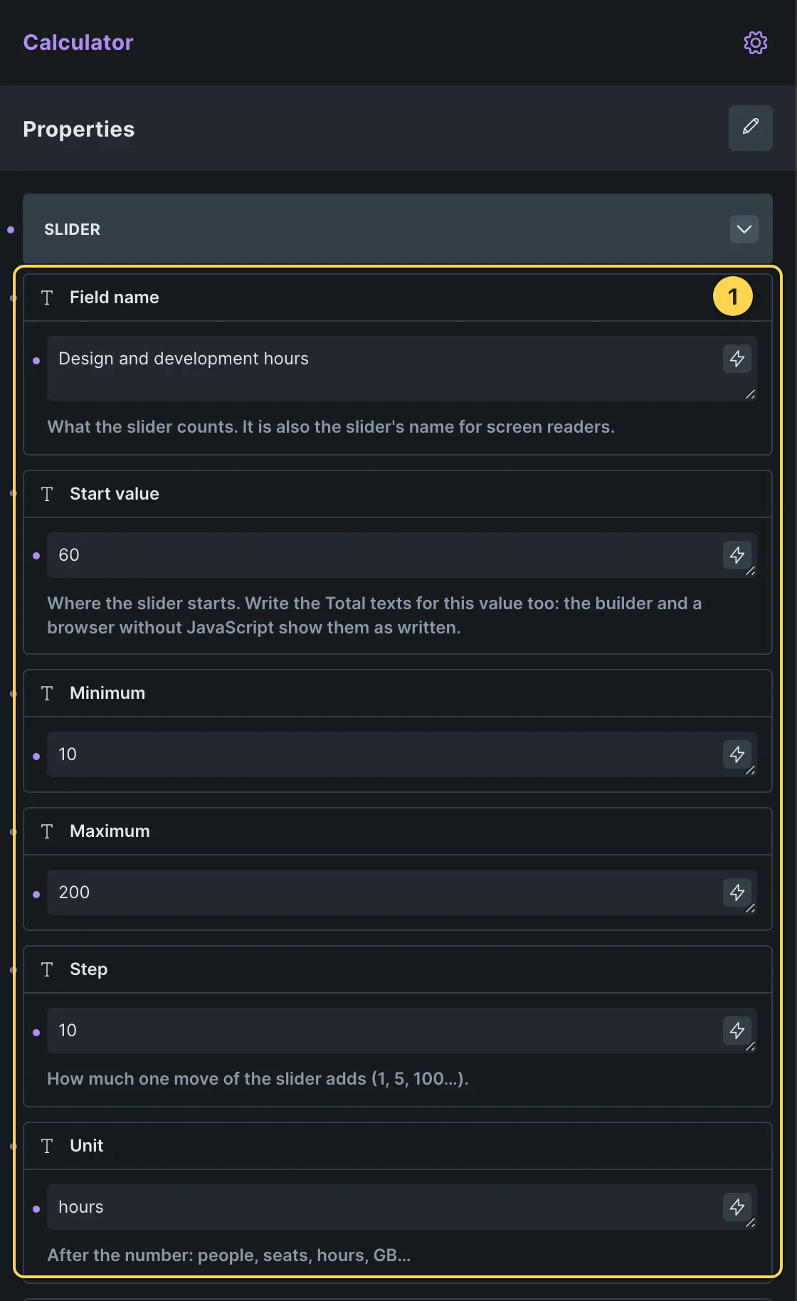 FBK Price calculator in the Bricks panel, with its own properties