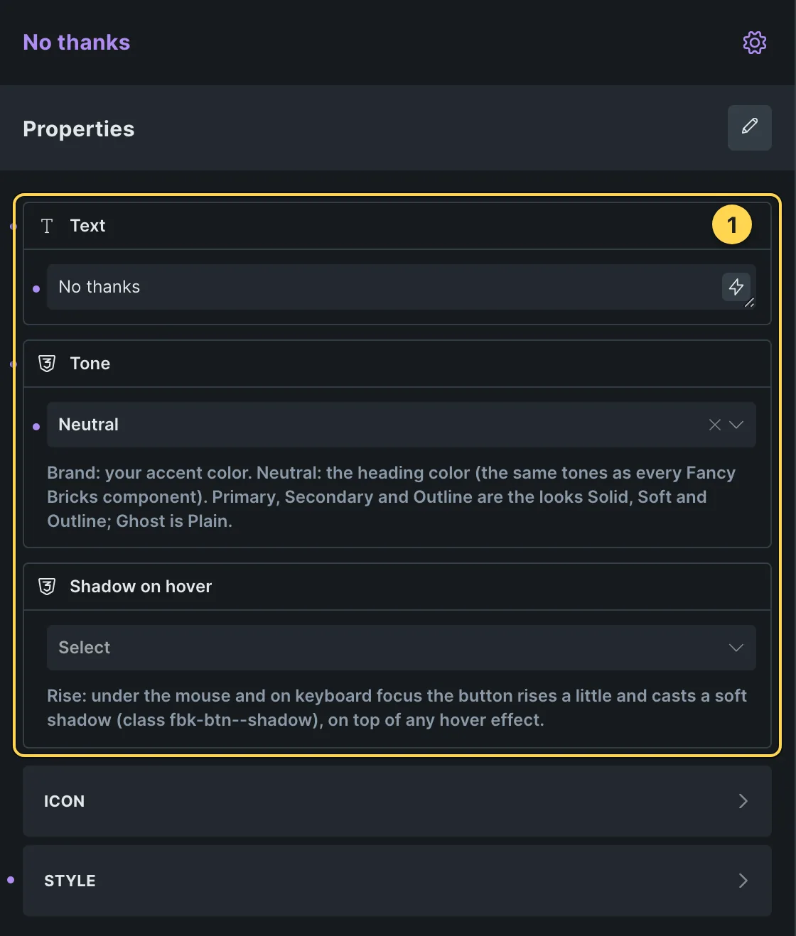 FBK Action button in the Bricks panel, with its own properties