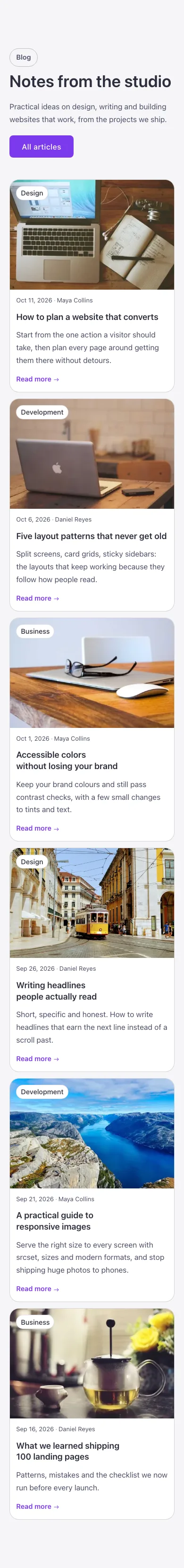 Blog · Post grid, on a phone at 390px wide