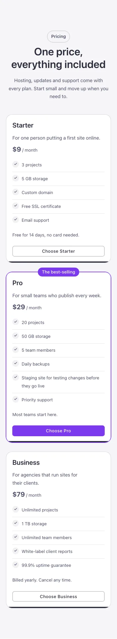 Pricing · Plans, on a phone at 390px wide