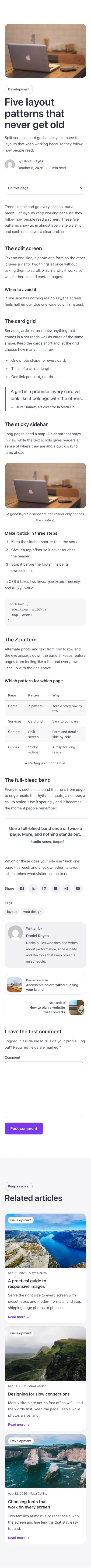 Blog · Single post with split header, on a phone at 390px wide