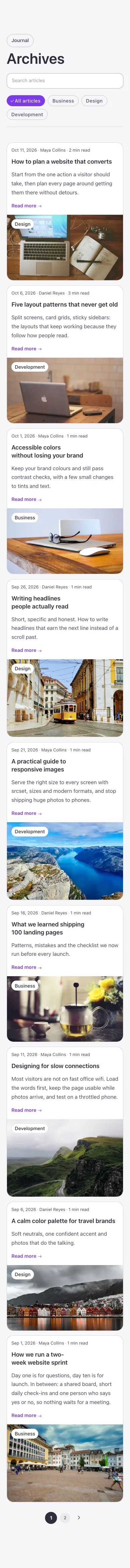 Blog · Masonry archive, on a phone at 390px wide