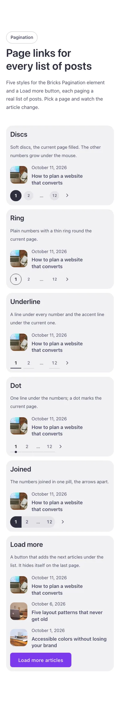 Elements · Pagination, on a phone at 390px wide