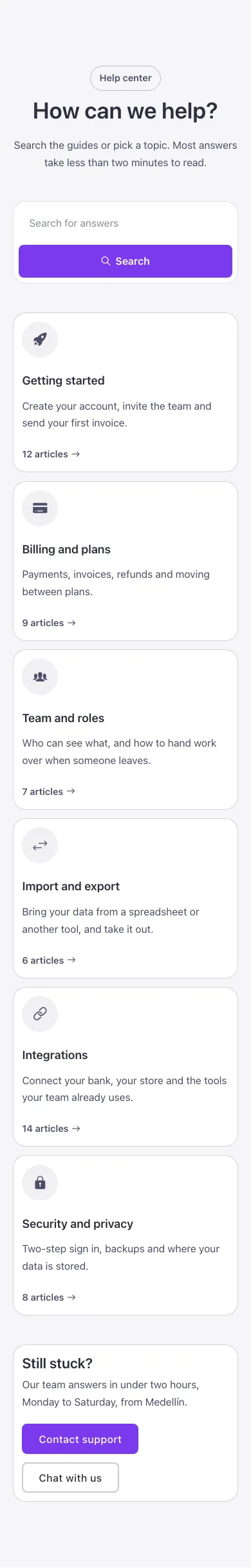 FAQ · Help center, on a phone at 390px wide