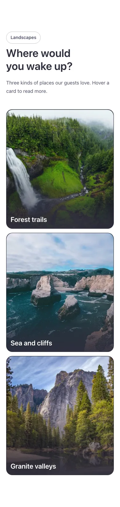 Cards · Text on hover, on a phone at 390px wide