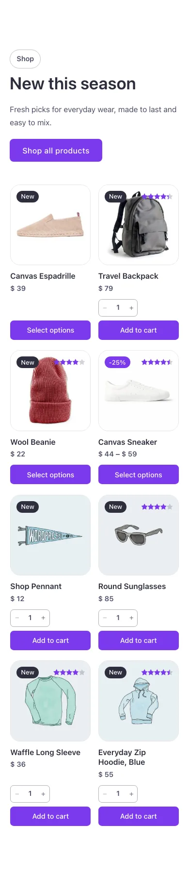 Woo · Product grid, on a phone at 390px wide