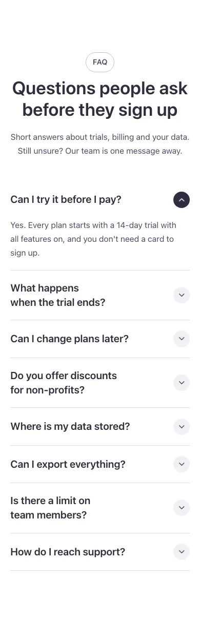 FAQ · Two columns, on a phone at 390px wide