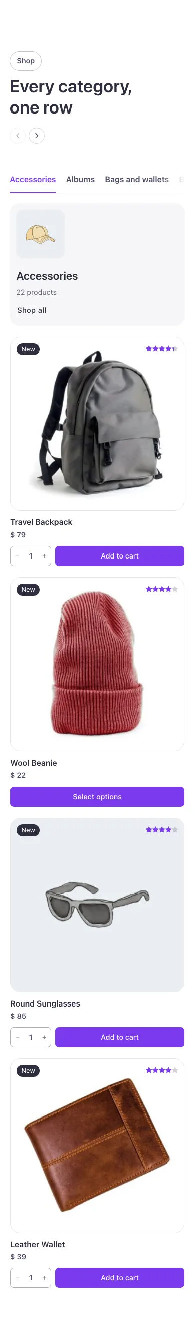 Woo · Products by category, scrolling tabs, on a phone at 390px wide