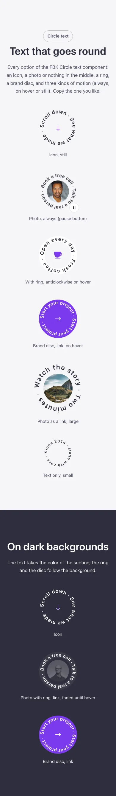 Elements · Circle text, on a phone at 390px wide