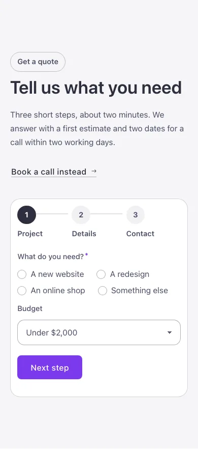Contact · Form in steps, on a phone at 390px wide
