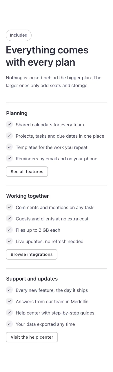 Features · Check groups, on a phone at 390px wide