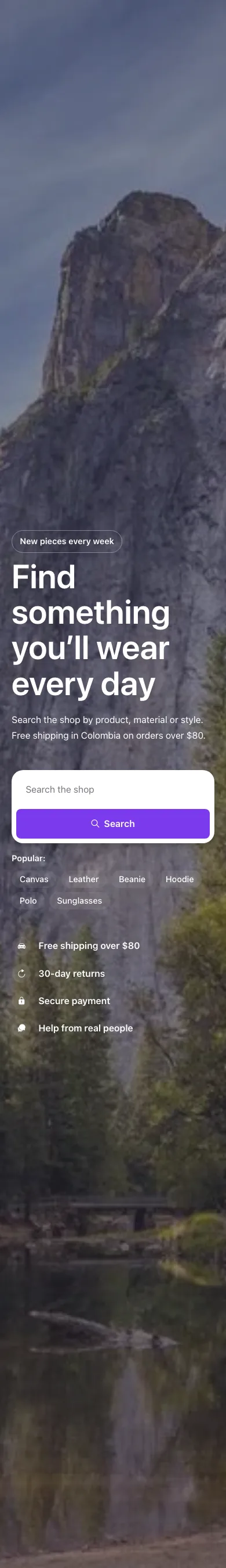 Hero · Search, on a phone at 390px wide