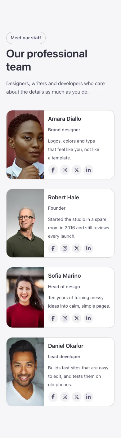 Team · Horizontal cards, on a phone at 390px wide
