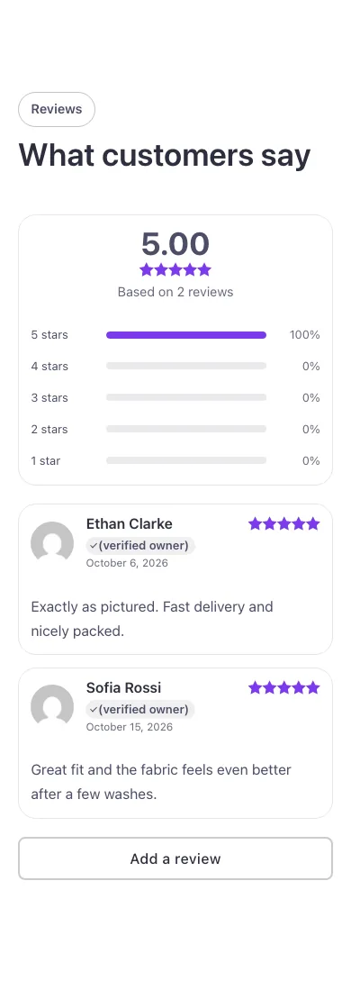 Woo · Product reviews, on a phone at 390px wide