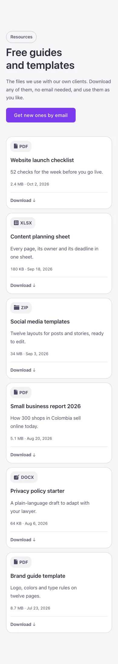 Cards · Downloads, on a phone at 390px wide