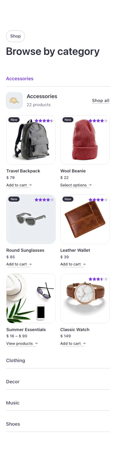 Woo · Products by category, side tabs, on a phone at 390px wide