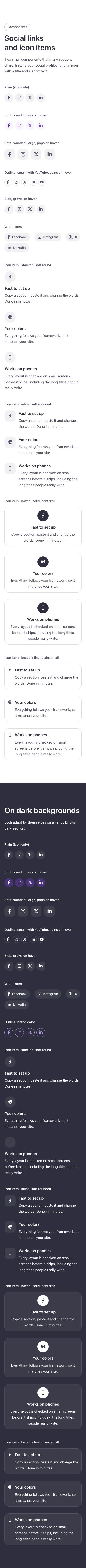 Elements · Social links and icon items, on a phone at 390px wide