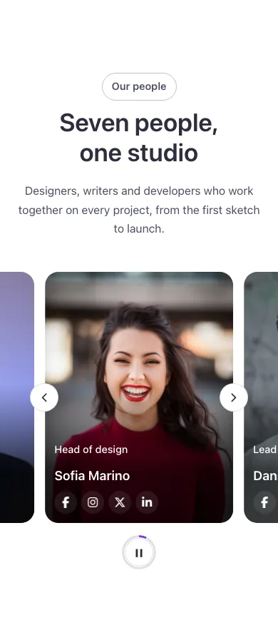 Team · Carousel, on a phone at 390px wide