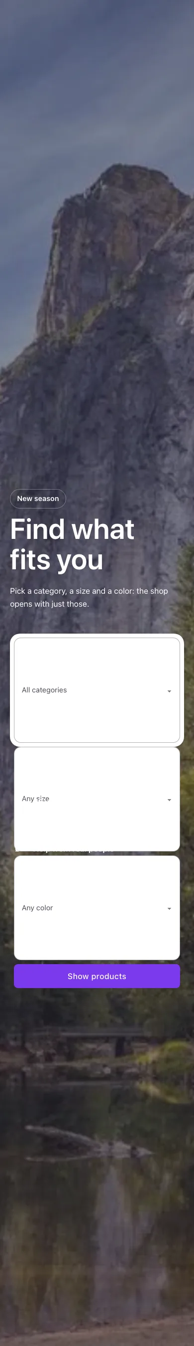 Woo · Hero with shop filters, on a phone at 390px wide