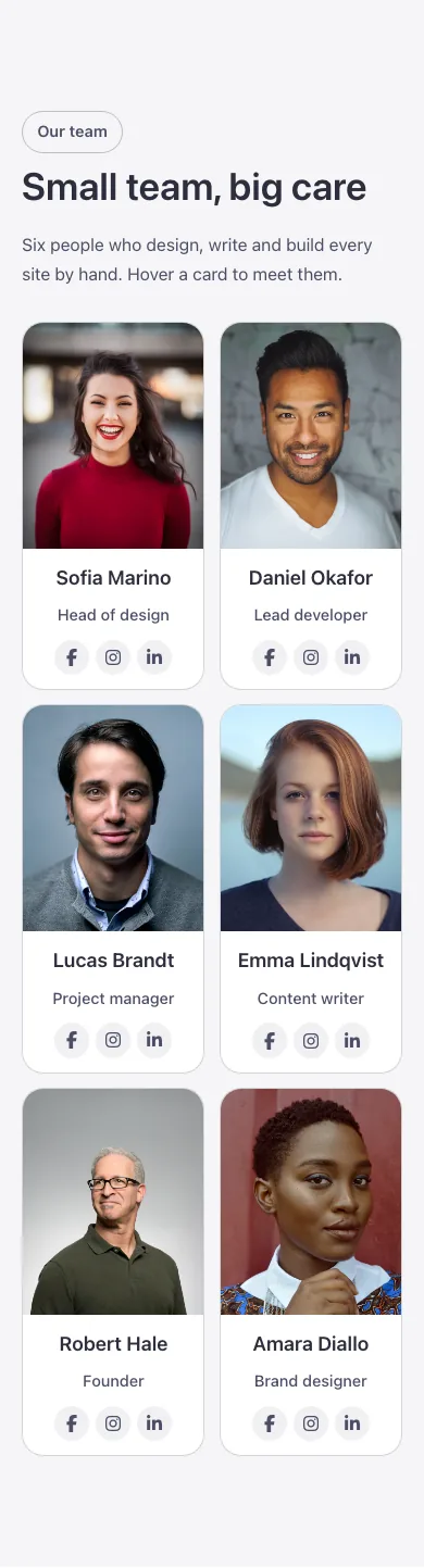 Team · Grid with intro, on a phone at 390px wide