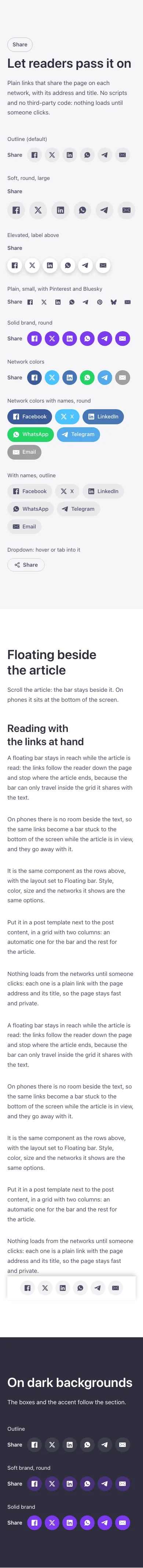 Elements · Share buttons, on a phone at 390px wide