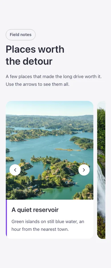 Elements · Caption carousel, on a phone at 390px wide