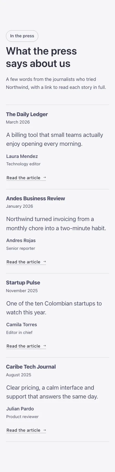 Logos · Press mentions, on a phone at 390px wide
