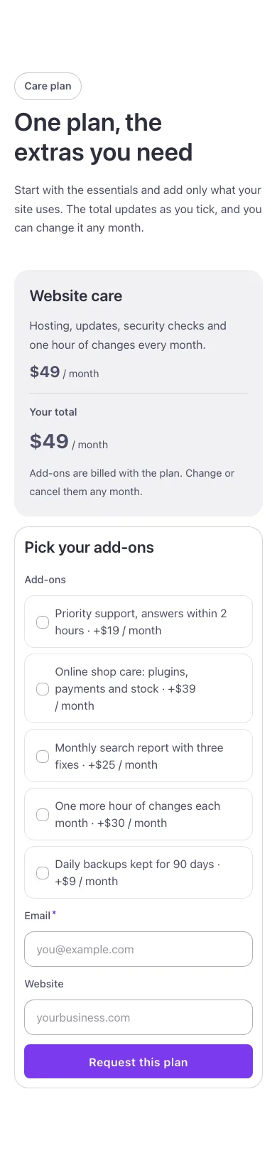 Pricing · Plan and add-ons, on a phone at 390px wide
