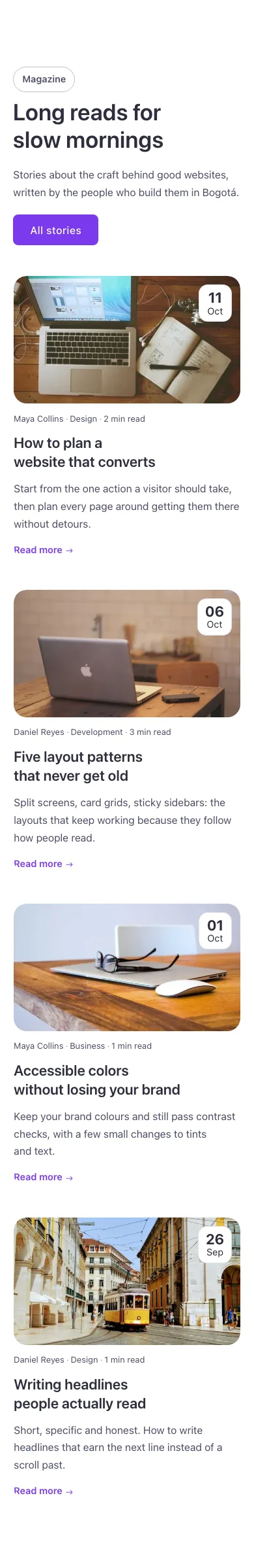Blog · Editorial grid, on a phone at 390px wide
